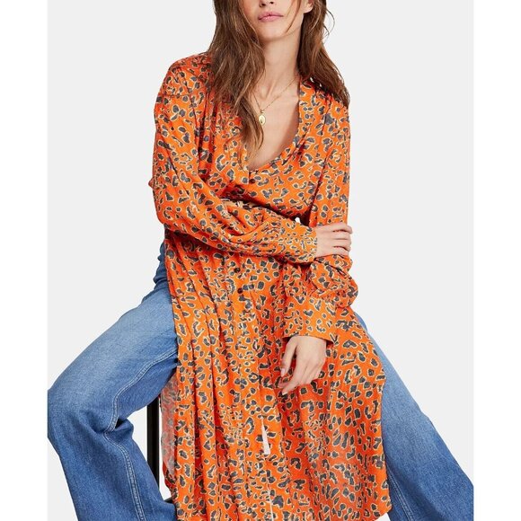 FREE PEOPLE C'est Moi Orange Leopard Printed Long Duster Maxi Blouse Top, Size M - Picture 4 of 15
